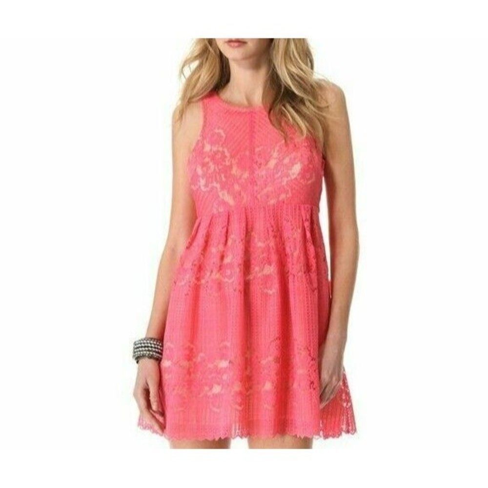 Free People Women's Rocco Floral  Lace Mini Dress Baby doll Salmon Pink Size 2